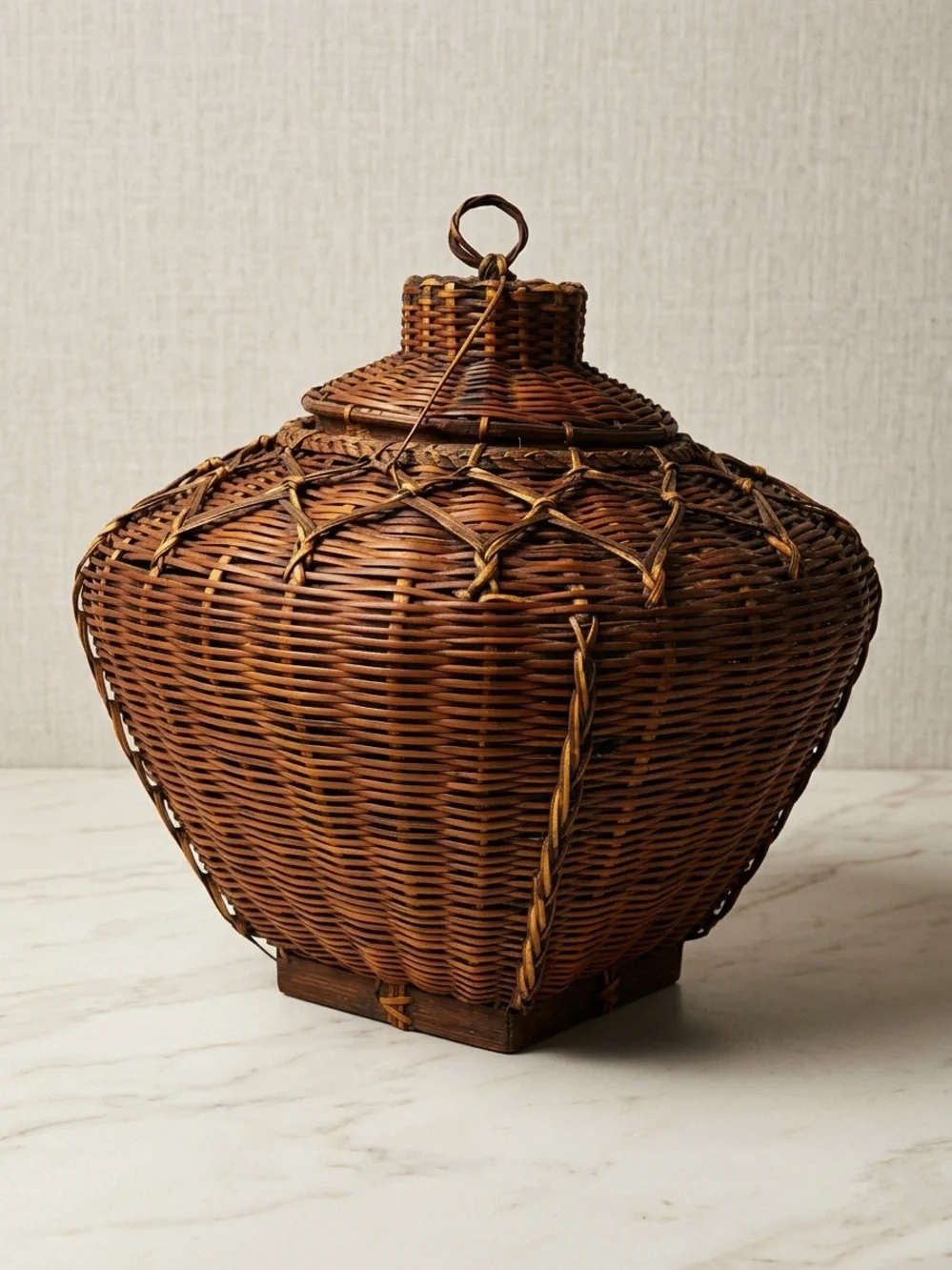 Vintage Asian Woven Rattan Basket with Square Base and Lid Home Decor
